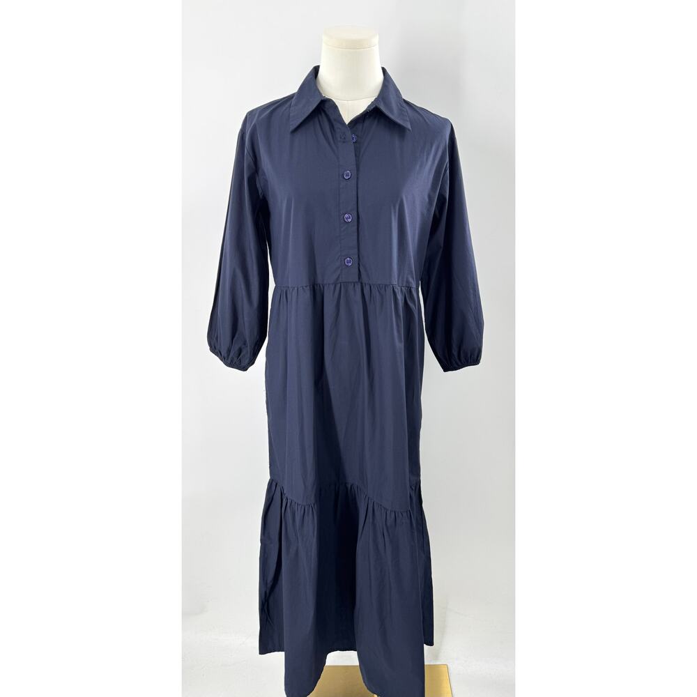 Quince 100% Organic Blue Cotton Poplin Midi Tunic Dress XS NWT Navy Shirtdress - Picture 2 of 11